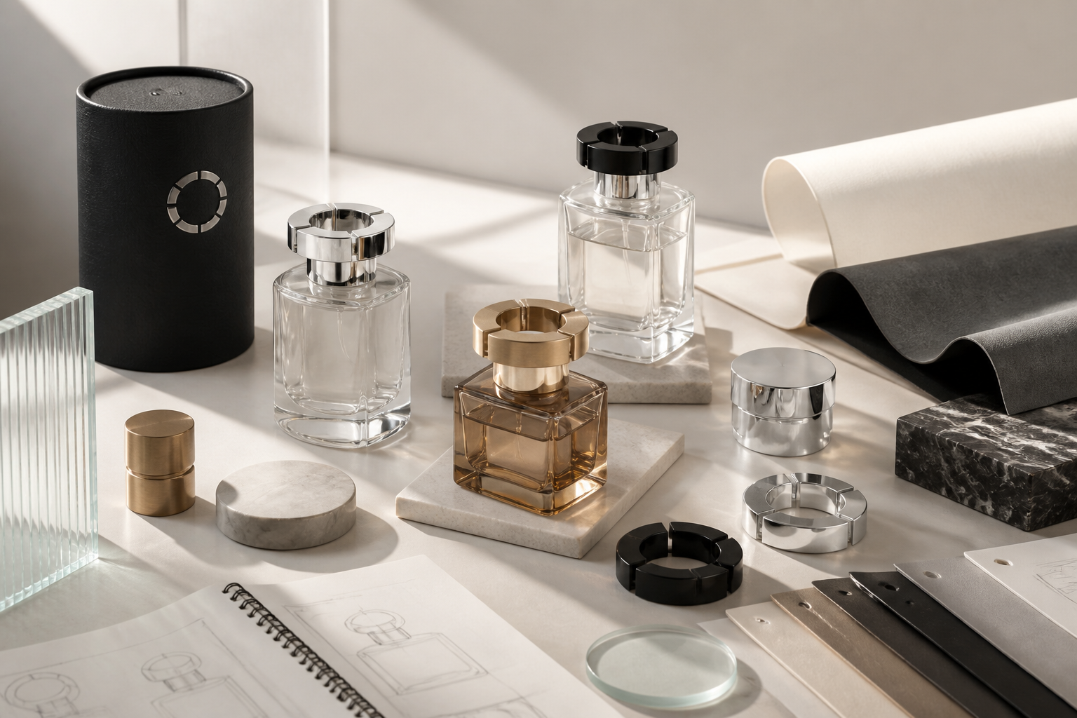 Custom perfume bottle and packaging materials arranged in a design studio